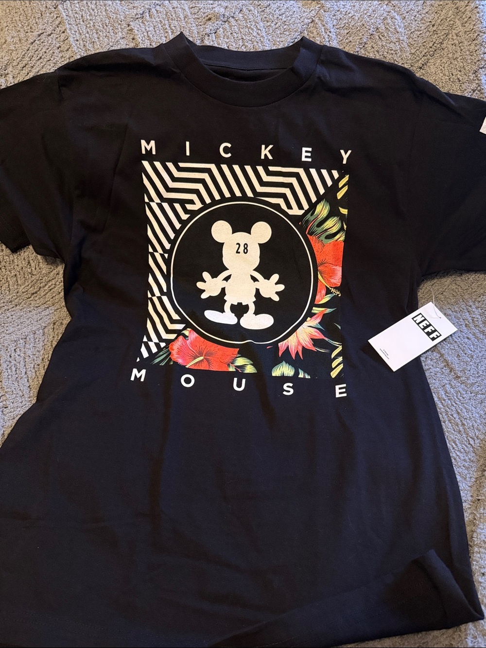 Mickey Mouse Black Graphic Tee with Floral Accents